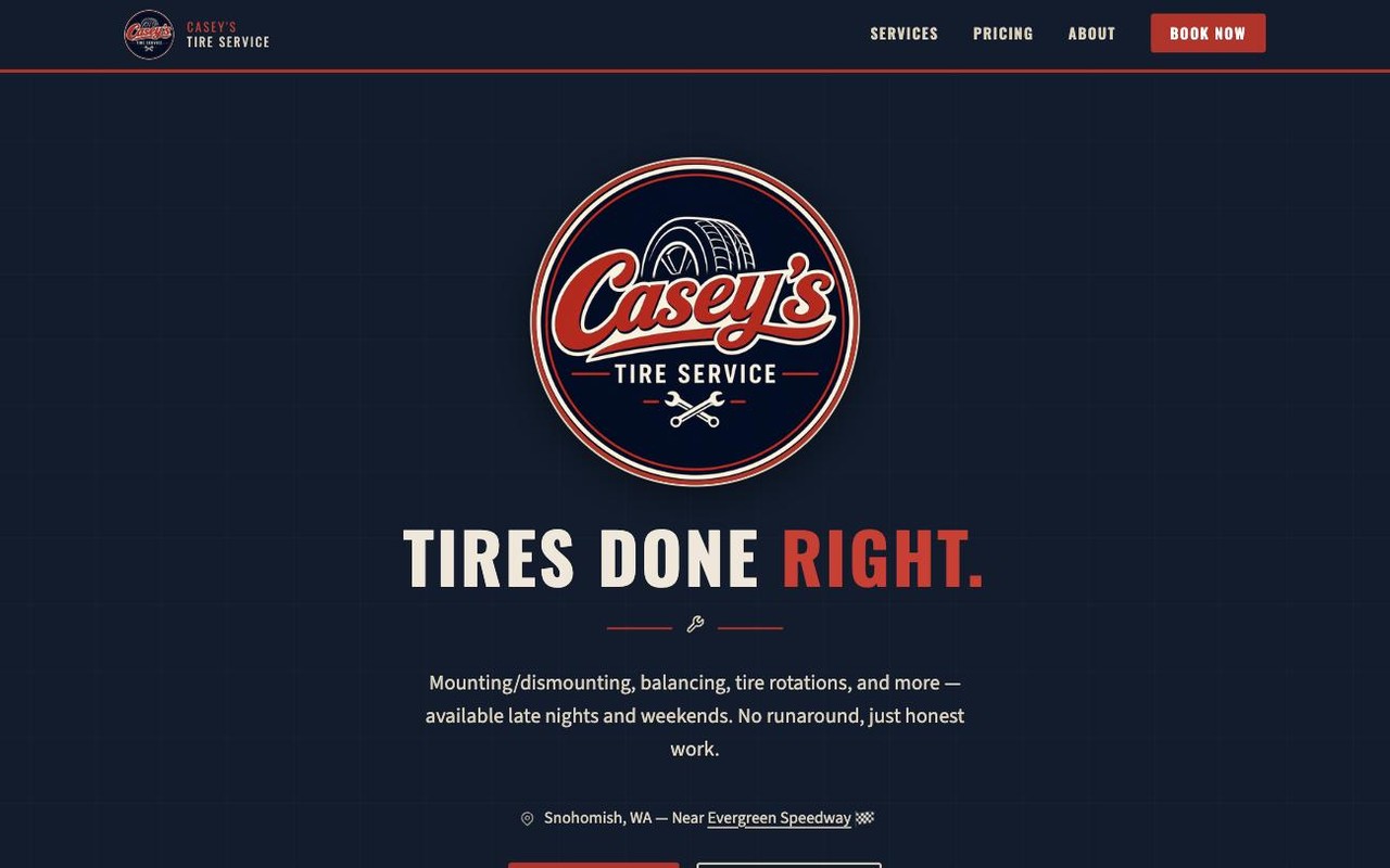 Screenshot of the Casey's Tire Service homepage
